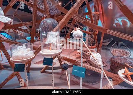 16. Januar 2025, Abu Dhabi, VAE: Baumwolle und Garn werden in einem Museum ausgestellt und zeigen den Weg vom Rohstoff zum Textilprodukt Stockfoto