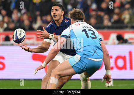 Sieg der französischen XV-Spieler am Ende des Spiels zwischen dem französischen XV und Schottland im Stade de France am 14. März 2025. - 15/03/2025 - Frankreich / Seine-Saint-Denis / Saint-Denis - Julien Mattia / Le Pictorium Stockfoto