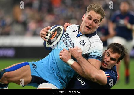Sieg der französischen XV-Spieler am Ende des Spiels zwischen dem französischen XV und Schottland im Stade de France am 14. März 2025. - 15/03/2025 - Frankreich / Seine-Saint-Denis / Saint-Denis - Julien Mattia / Le Pictorium Stockfoto