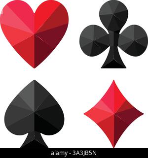 Vier Spielkarten: Herzen, Schläger, Pik, Diamanten. Set von Vektorillustrationen in Form von Kristallen, königliche Premium-Hochglanz-Ikonen Stock Vektor