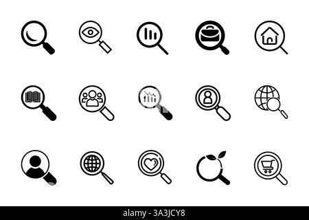 Suche-Symbolgruppe isoliert auf weißem Hintergrund. Glasvektorsymbol. Lupensymbol suchen. Suchen Stock Vektor