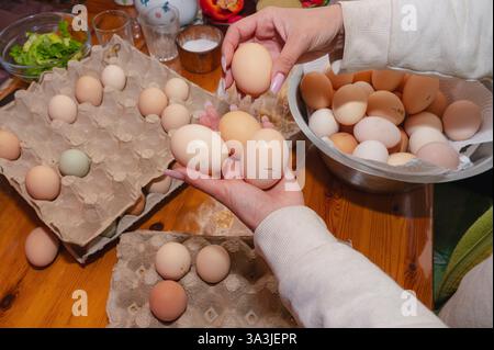 Hände frisch geerntete Bio-Eier werden sorgfältig für die Lagerung in einer eigenen Produktion ausgewählt Stockfoto