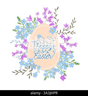 Happy Easter Banner, Poster, Grußkarte. Trendiges Osterdesign mit Typografie, Blumen, Eiern in Pastellfarben. Moderner, minimalistischer Stil. Handgezeichnet Stock Vektor