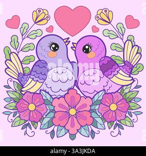 Ein Paar Vögel zwischen Blumen und Blättern mit einem Herz auf rosa Hintergrund. Flaches Design. Für Kinderdesign von Prints, Postern und Valentinstag-Auto Stock Vektor