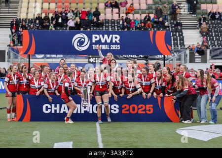 London, Großbritannien. März 2025. Gloucester-Hartpury gewinnt das PWR-Finale gegen Saracens im StoneX Stadium und beendet damit die Saison 2024/25 des Premiership Women's Rugby. UK © ️ Credit: Elsie Kibue/Alamy Live News Stockfoto