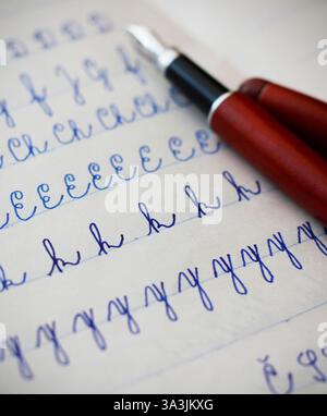 Nahaufnahme von Groß- und Kleinbuchstaben, geschrieben von einem Kind in Kursivschrift mit einem Füllfederhalter mit blauer Tinte in einem belüfteten Notizbuch Stockfoto