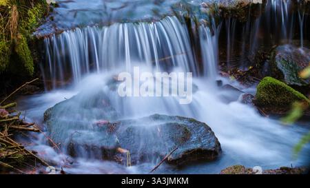 Sanfter Wasserfall, der über moosige Felsen in einer ruhigen Waldlage während des frühen Morgenlichts stürzt Stockfoto