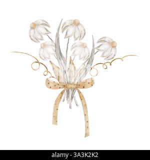Aquarellstrauß aus getrockneten Blumen, Gänseblüten, Blättern und Zweigen. Illustration von Feldwilden Kräutern in beigefarbener grauer Farbe auf isoliertem Hintergrund für Stockfoto