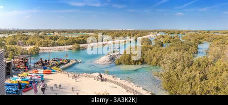 18. Januar 2025, Abu Dhabi, VAE: Touristen Kajakfahren im türkisfarbenen Wasser des Jubail Mangroves National Park Stockfoto