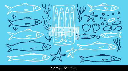 Sardinen Line Doodle Set. Von Hand gezogene Kritzeleien aus der Dose. Dosenfische. Offene Sardinendose. Vektor konservieren Ess Illustration durch Bleistift isoliert auf blu Stock Vektor