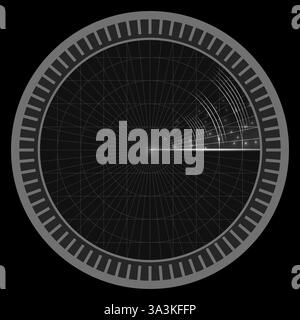Vektorgrauer Radarbildschirm. Anzeigefeld. Marineblauer Scanner. Militär-Detektor-Monitor. Elektronisches digitales Echolot. Stock Vektor