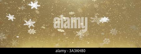 3D-Rendering goldener weihnachtspartikel und Schneekristalle in Panoramasicht. Hintergrund der Feiertagsfeier Stockfoto