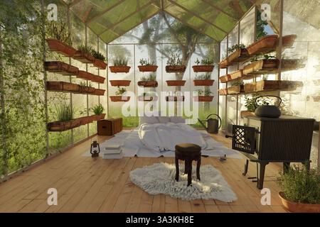 Gemütliches Gewächshaus mit Tiefbett und Kräuterpflanzen im Morgenlicht. 3D-Rendering Stockfoto