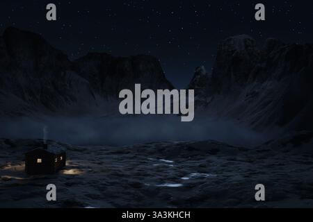 Eine einzige Holzhütte in einer alpinen Landschaft in der frostigen Nacht. 3D-Rendering Stockfoto