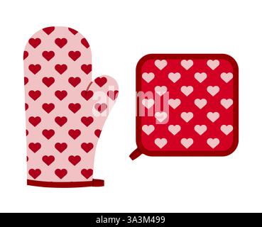 Backofen Handschuhe Handschuh und Topfhalter Cartoon rot rosa Herzmuster Mode Hand Accessoire technische Illustration Kleid. Vektor für Männer, Frauen, Unisex-Stil flache Vorlage CAD-Skizze auf weißem Hintergrund Stock Vektor