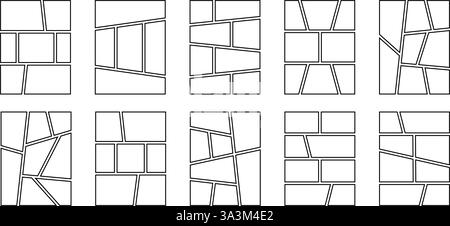 Satz von Comic-Buch-Seitenvorlagen. Anime-Seitenbereiche auf weißem Hintergrund isoliert. Grids für Manga Storyboard. Layouts für Fotocollage, Magazin, Poster oder Skizzenbuch. Vektorgrafik. Stock Vektor