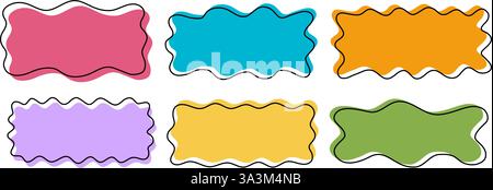Niedliche, gewellte Formen in Rahmen mit Kritzeleien. Organische assymetrische Blobs. Abstrakte Freihand gezeichnete Formen. Sprachblasen, Tags, Textfelder oder Beschriftungsvorlagen isoliert auf weißem Hintergrund. Illustration der Vektorabwicklung. Stock Vektor