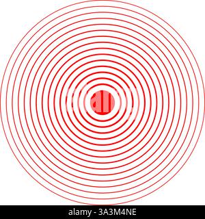 Rote konzentrische Kreise. Symbol für die Schmerzlokalisierung. Ziel- oder Zieldruck. Symbol für Schmerzen, Schmerzen oder Entzündungen. Puls-, Abdeckungs- oder Vibrationszeichen. Radarsignal oder Schallwellenpiktogramm. Vektorabbildung. Stock Vektor