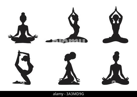 Damen Silhouette in Yoga Position Set flache Vektor-Illustration isoliert auf weißem Hintergrund. Stock Vektor