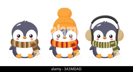 Netter Baby-Pinguin-Satz im Schal und Kopfhörer flache Vektor-Illustration isoliert auf weißem Hintergrund. Stock Vektor