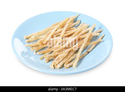 Getrockneter, geriebener Fisch, isoliert auf weiß Stockfoto