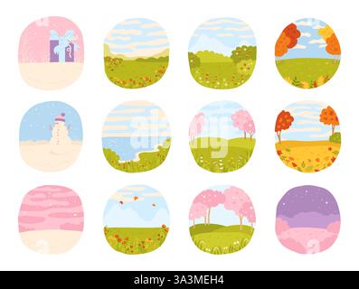 Vier Jahreszeiten der Natur runden Form Illustration für Kalender. Einfaches, stilvolles flaches Design mit Posterhintergründen für Winter-, Frühling-, Sommer- und Herbstlandschaften. Vektor-Zeichentrickillustration für Kinder Stock Vektor