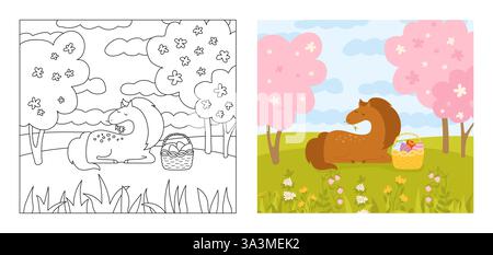 Pferd auf Sommerwiesen mit Korb und Ostereiern. Ostern Malbuch für Kinder Cartoon Vektor Illustration. Comic Stute Pferdehengst. Flaches Design mit Tiercharakter, perfekt für Kinder Stock Vektor