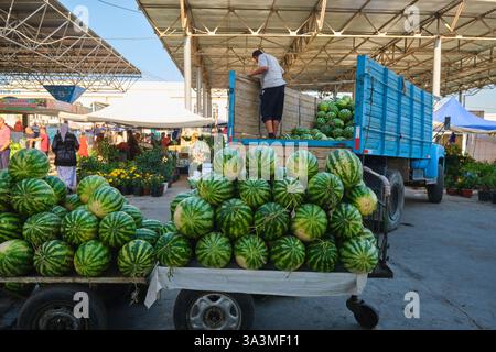 Frische, grüne Wassermelone werden von einem LKW entladen. Auf dem lokalen Markt, Siyob Basar, in Samarkand, Usbekistan. Stockfoto