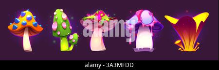 Zauberpilze mit leuchtenden Fantasy-Elementen - tropfende Neonkappen, Kristallspitzen, leuchtende Stiele. Märchenhafte, außerirdische Pilzsammlung auf Stock Vektor