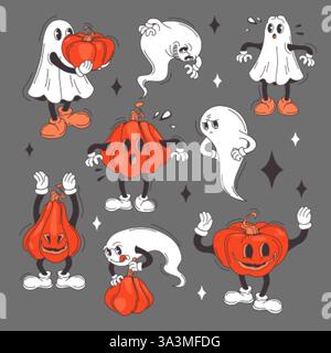 Groovige Geisterfiguren mit Kürbislaterne. Niedliche animierte Geister im Retro-Cartoon-Stil mit verschiedenen Emotionen. Halloween Maskottchen mit ausdrucksstarkem po Stock Vektor