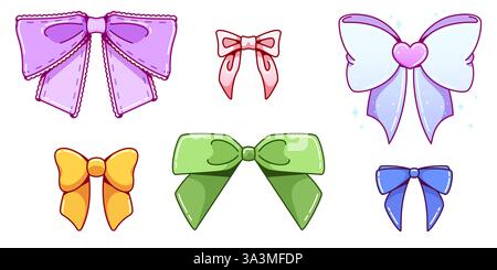 Y2K-Schleifen in Pastellfarben – Bänder mit Herz- und Spitzenbesatz. Kawaii-Zeichentrickelemente mit Glitzer für digitalen Retro-Sticker DE Stock Vektor