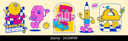 Groovige Schule Thema Vintage Vektor Illustration Set mit niedlichen anthropomorphen Briefpapier Zeichen. Cartoon-Maskottchen im Retro-Stil in leuchtenden Farben Stock Vektor