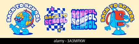 Groovige Vintage-Sticker-Kollektion mit auffälligen anthropomorphen Globus- und Rucksack-Maskottchen, Retro-Typografie-Designs. Lebhaftes, lustiges Retro Stock Vektor