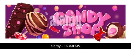 Süßwarenladen-Banner mit Schokoladenbonbons und bunten Süßigkeiten, pinkfarbenen Luftpolsterbuchstaben auf lila Hintergrund. Karamelllutscher, eingepackte Süßigkeiten und Trüffel Stock Vektor