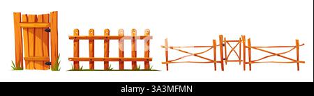 Cartoon Holztor und Zaun Set aus braunen Barrieren. Ländlicher rustikaler Eingang mit Dielen, Gartentrennwand mit Gras, Holzgeländer mit Kreuzseil. F Stock Vektor