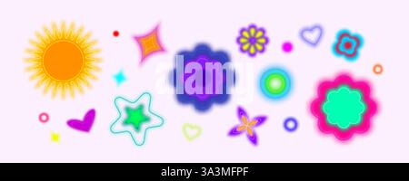Verlaufsunschärfen, die isoliert auf weißem Hintergrund festgelegt werden. Vektor-Illustration der abstrakten Neonsonne, Blume, Herz, Kreis mit Aura-Farbeffekt, glühend Stock Vektor