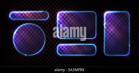 Neonglasrahmen mit leuchtend blauen Kanten, lila Lichteffekte auf transparentem Hintergrund. Sammlung geometrischer Formen - Kreis, Rechteck, Rundung Stock Vektor
