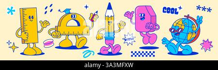 Die groovy Schule liefert Cartoon-Charaktere. Fröhliche anthropomorphe Retro-Briefpapiere mit ausdrucksstarken Gesichtern und Gesten, die gehen und stehen. Vi Stock Vektor