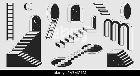 Retro-Leiter und Treppenset mit geometrischen kosmischen Formen. Minimalistische monochrome Illustrationen führen zu Mond- und Sterneportalen. Surreale Architektur Stock Vektor