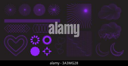 Ästhetisches Y2K-Gitterelement mit leuchtenden lila Neonformen auf dunklem Hintergrund - Spiralstrahlen, Wellen, mehrschichtige Herzen, geometrische Muster, Starbursts Stock Vektor