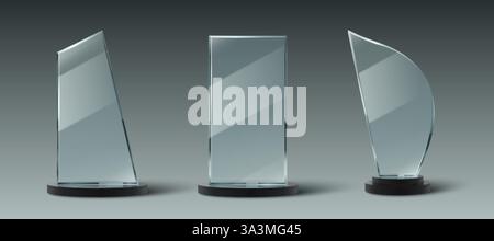 Trophäenkollektion aus Glas mit transparenten Auszeichnungen, schwarzen Standfüßen und minimalistischen geometrischen Formen. Realistische 3D-Kristall-Acrylpreise für Firmen-ach Stock Vektor