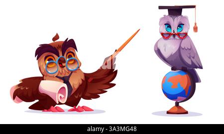 Niedliche Zeichentrickeulen-Lehrer-Charaktere mit pädagogischen Gegenständen - brauner Professor mit Zeiger mit Schriftrolle, grauer Schüler mit Graduiertenkappe auf gl Stock Vektor