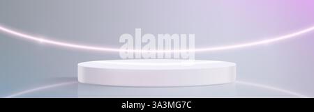 Hologrammtisch mit weißer runder 3D-Plattform auf Gradientenhintergrund. Minimalistischer Standfuß für Produktpräsentationen in leerem Raum. Holographisches Neonlicht Stock Vektor