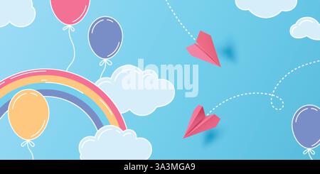 3D-Papierflugzeuge fliegen durch gezeichnete Wolken, Regenbogen und Ballons auf blauem Himmel Hintergrund. Vektorillustration von Origami-Flugzeugen in kindlicher Zeichnung. M Stock Vektor