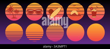 Sunset Retro Ikone und Palme Set, Vintage Sonne im Stil der 80er Jahre, SVG Vektor. Stock Vektor