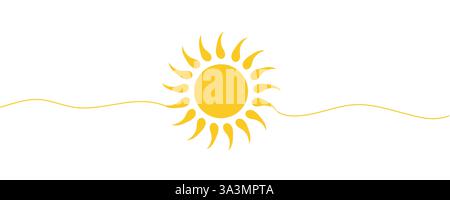 Eine durchgehende Linienzeichnung von Sonne und Sonnenaufgang. Symbol für heiße Temperaturen und Sommerreisen im einfachen linearen Stil. Solargrüne Energiekonzepte im Editabl Stock Vektor