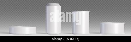 Weiße Dosenmodelle in verschiedenen Größen – flacher, breiter Zylinder, hoher Getränkecontainer, mittlerer runder Becher und kurze Aufbewahrungsbox. Realistische leere Metallverpackungsvorlagen für Branding-Design. Stock Vektor