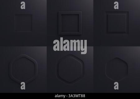 Schwarze quadratische und sechseckige Rahmen mit Prägung auf dunklem Hintergrund. Minimale geometrische Formen mit tiefem Relief, eingelassenen Rändern und dimensionalen Schatten. Realistisches elegantes Design für erstklassige Präsentationen. Stock Vektor