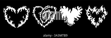 Flammenherz-Silhouetten – brennende Liebessymbole, leidenschaftliche romantische Formen voller Feuermuster. Leuchtende Zuneigungszeichen, verschiedene flammende Texturen in amorösen Tattoo-Designelementen. Stock Vektor