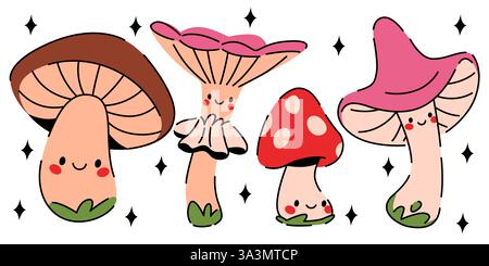 Niedliches Maskottchen mit Pilzfiguren – niedlicher rosafarbener Kissenstuhl, Kastanienbolete, scharlachrote Fliege, Agarcartoons stehen auf grünem Gras. Skurrile Pilze Emoticons für Kinder dekoratives Design. Stock Vektor